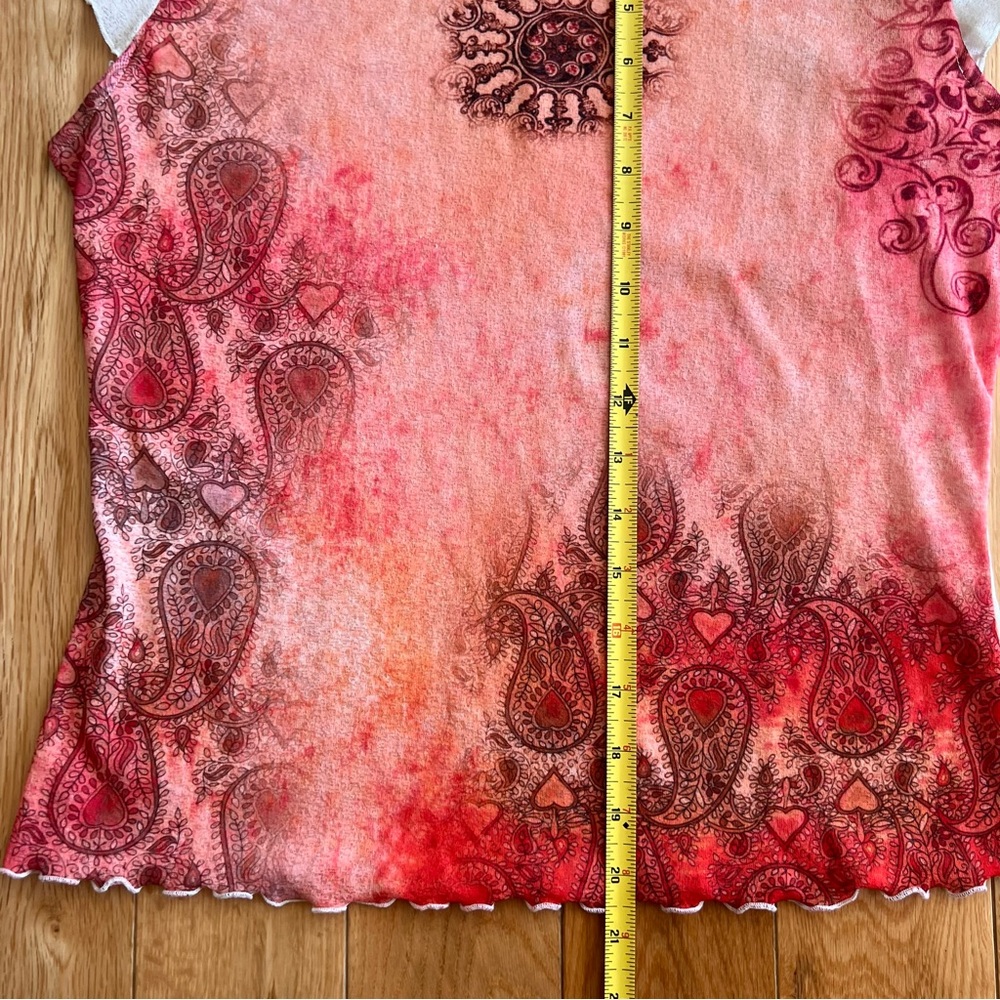 B'time Y2K Red Orange Stretchy Abstract Print Cap Sleeve Top Size Large - Picture 3 of 6